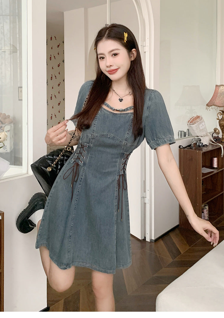 Plus Size Women's French Short Sleeve Dress Waist Slimming Denim Skirt Pear Shape