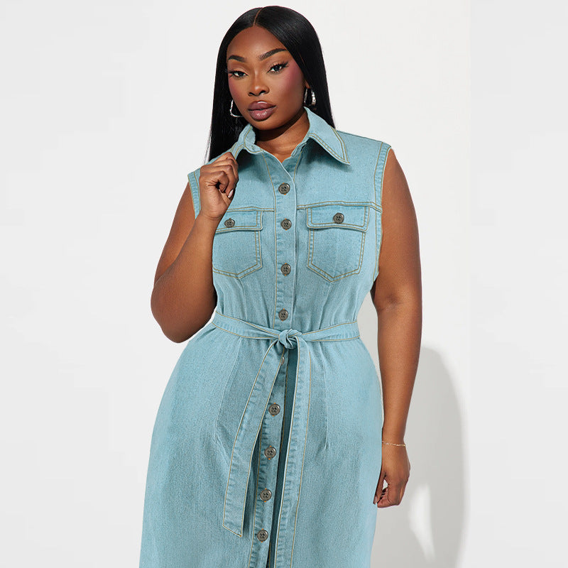 Plus Size Women's Lapel Sleeveless Denim Lace-up Long Dress