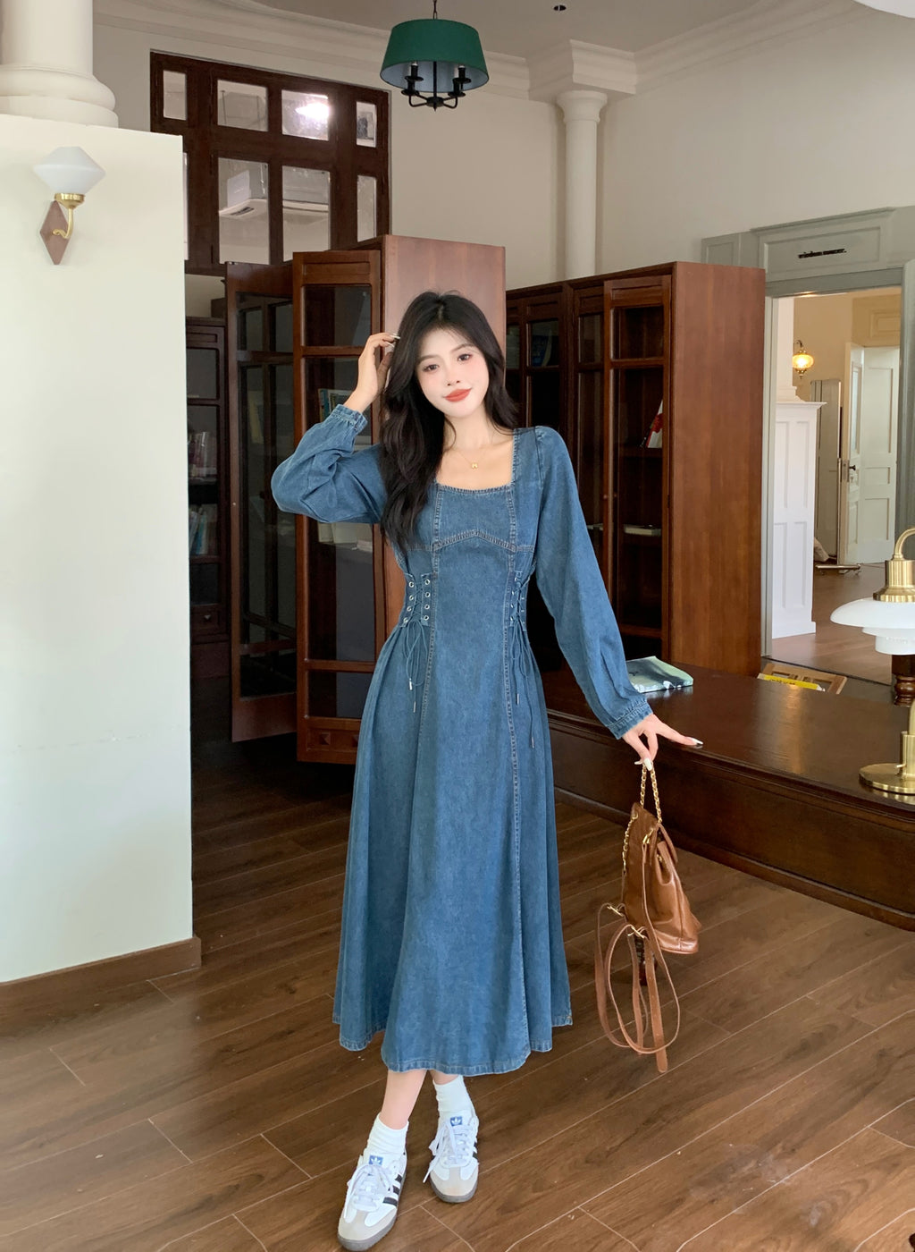 Plus Size Women's French Short Sleeve Dress Waist Slimming Denim Skirt Pear Shape