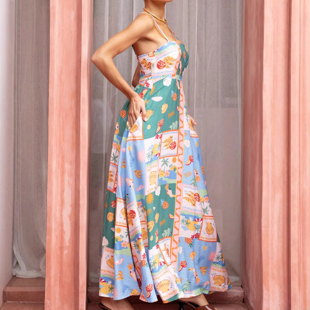 Fashion Printed Pocket Flared Strap Dress For Women