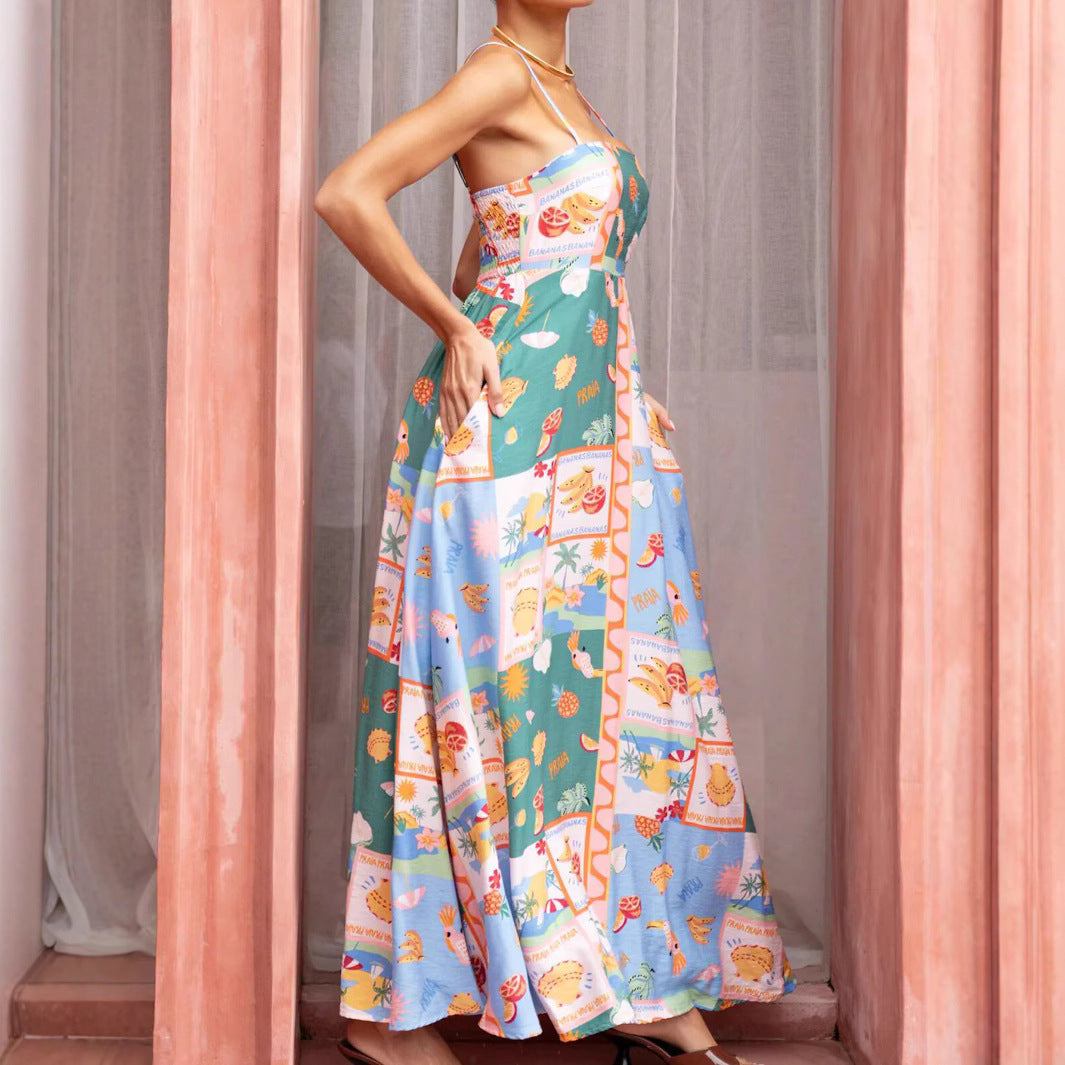 Fashion Printed Pocket Flared Strap Dress For Women