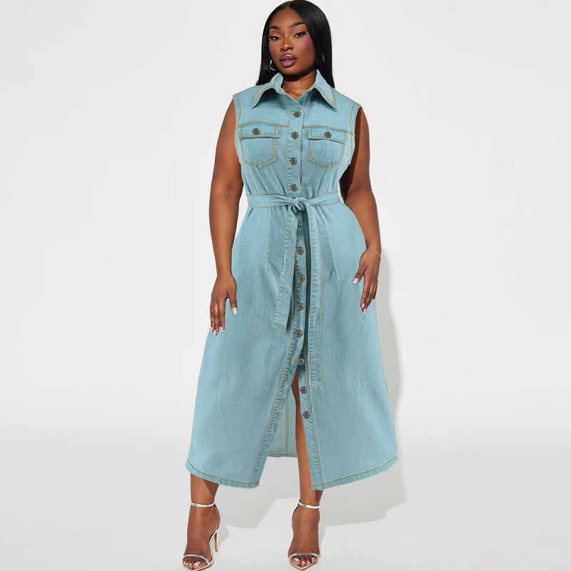 Plus Size Women's Lapel Sleeveless Denim Lace-up Long Dress