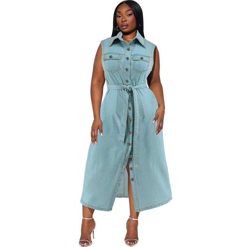 Plus Size Women's Lapel Sleeveless Denim Lace-up Long Dress