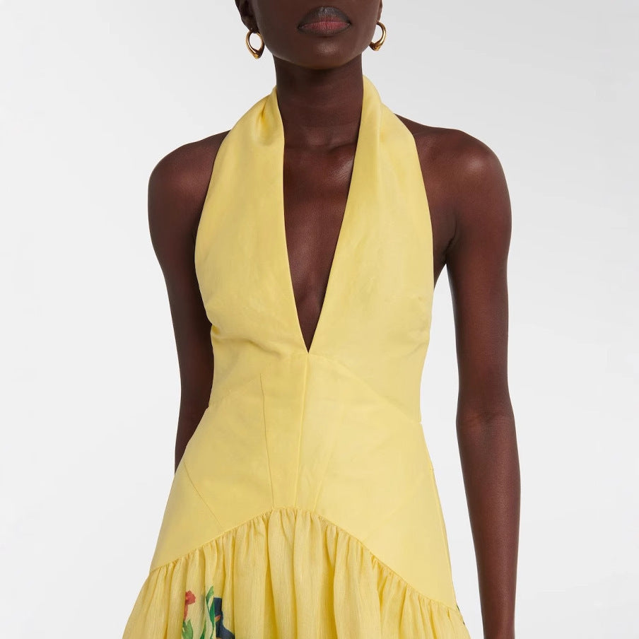 Printed Halter Backless Large Hem Deep V-neck Dress For Women