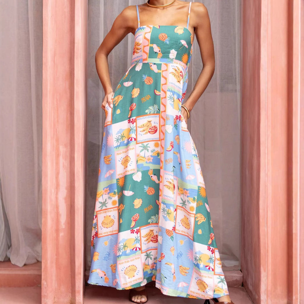 Fashion Printed Pocket Flared Strap Dress For Women