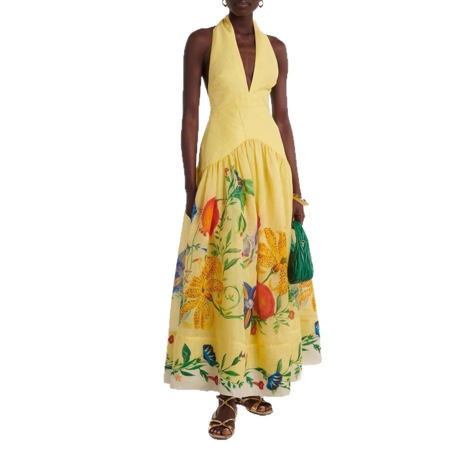 Printed Halter Backless Large Hem Deep V-neck Dress For Women