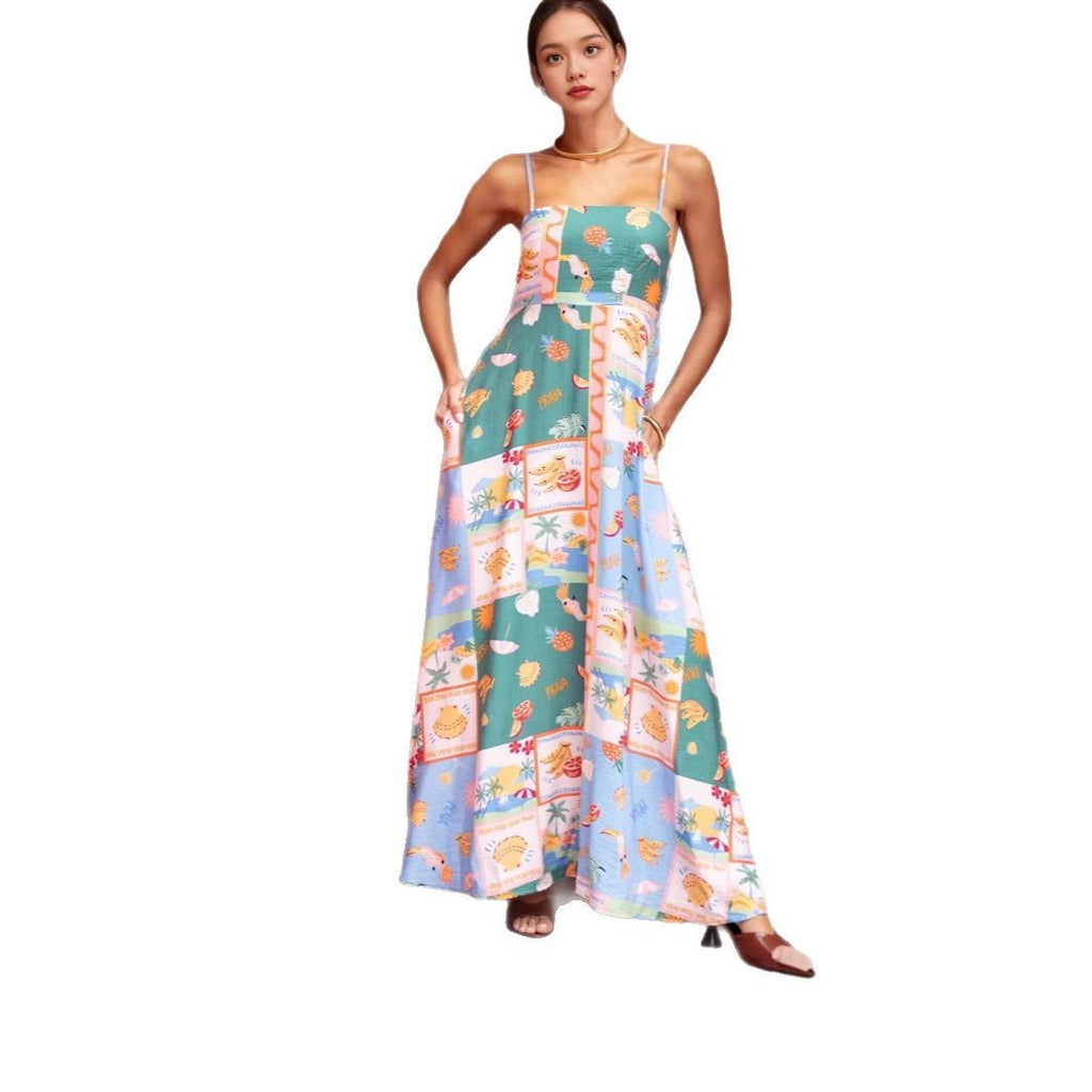 Fashion Printed Pocket Flared Strap Dress For Women