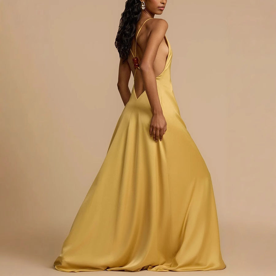 Women's Sexy Backless V-neck Satin Long Dress