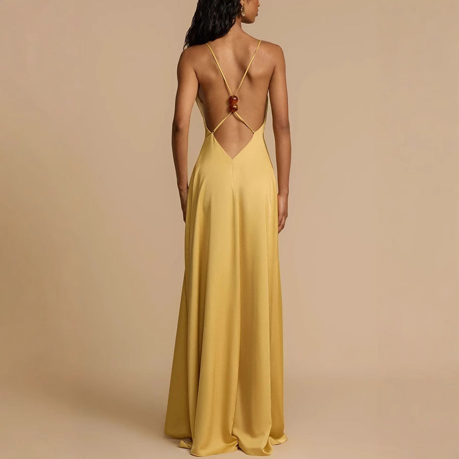 Women's Sexy Backless V-neck Satin Long Dress