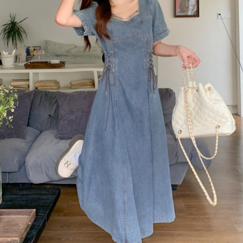 Plus Size Women's French Short Sleeve Dress Waist Slimming Denim Skirt Pear Shape