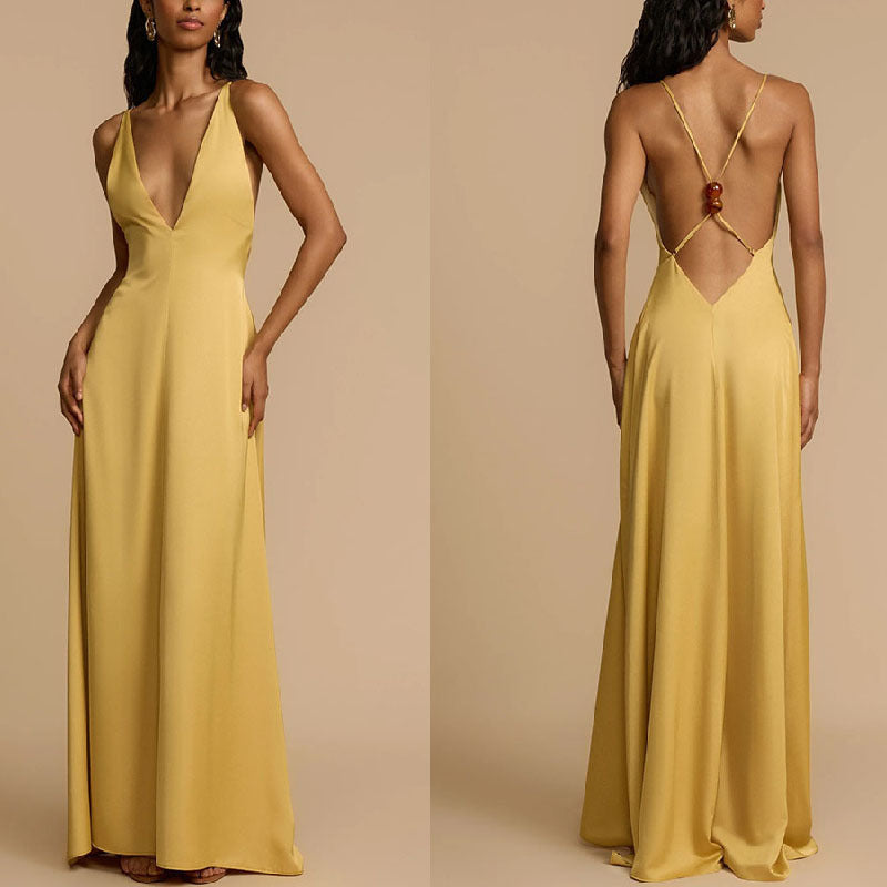 Women's Sexy Backless V-neck Satin Long Dress