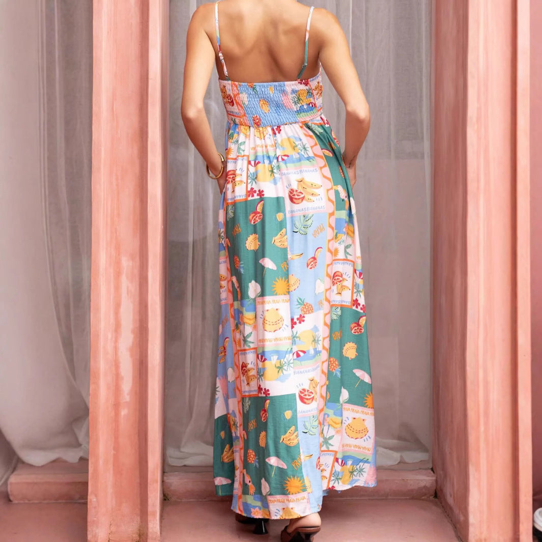 Fashion Printed Pocket Flared Strap Dress For Women