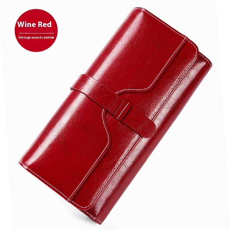 Pure Leather Tri Fold Women's Wallet Long Buckle Genuine Leather