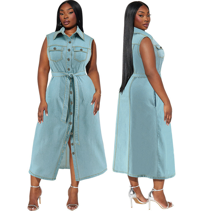Plus Size Women's Lapel Sleeveless Denim Lace-up Long Dress