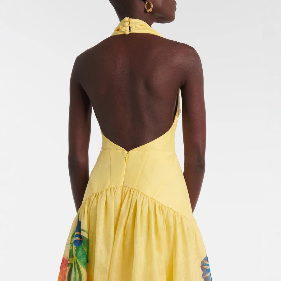 Printed Halter Backless Large Hem Deep V-neck Dress For Women