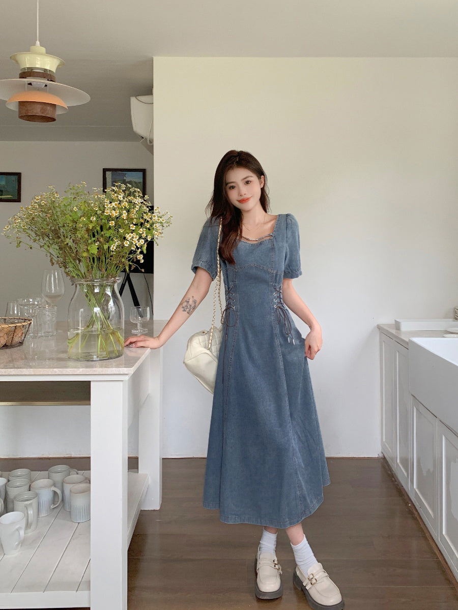 Plus Size Women's French Short Sleeve Dress Waist Slimming Denim Skirt Pear Shape