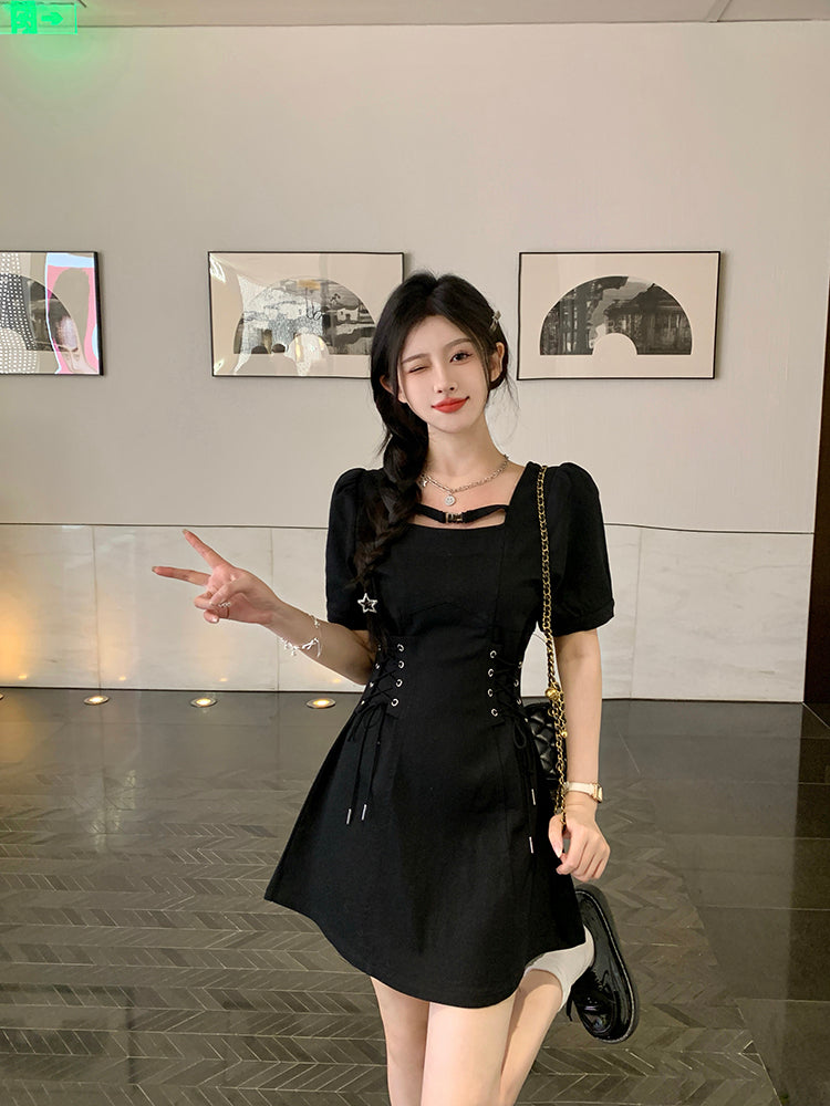 Plus Size Women's French Short Sleeve Dress Waist Slimming Denim Skirt Pear Shape